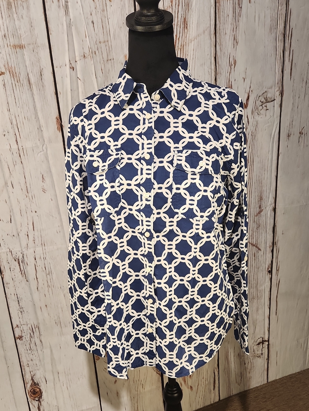 St. John's Bay Button Down Cotton Shirt Geometric Pattern Navy White L